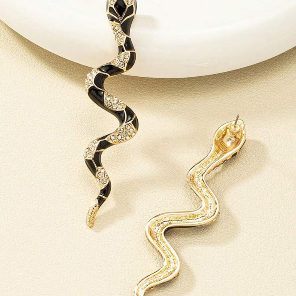Elegant Black and Gold Snake Earrings, Gold and Black Snake Earrings - Picture 4 of 6